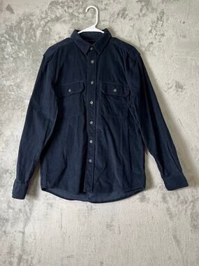 Line of Trade Navy Blue Corduroy Button Down Work Shirt Flap Pockets Men's Large